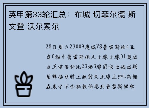 英甲第33轮汇总：布城 切菲尔德 斯文登 沃尔索尔